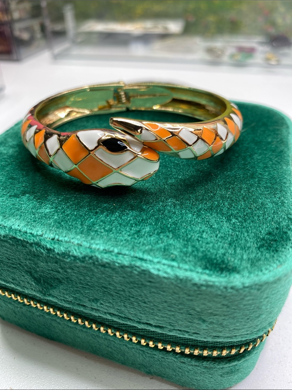 Gold-Tone Orange & White Enamel Snake Bangle Bracelet